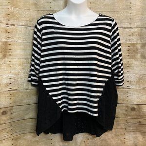 Lane Bryant Size 26/28 Mixed Media Top Black White Stripe Black Eyelet HiLo Hem